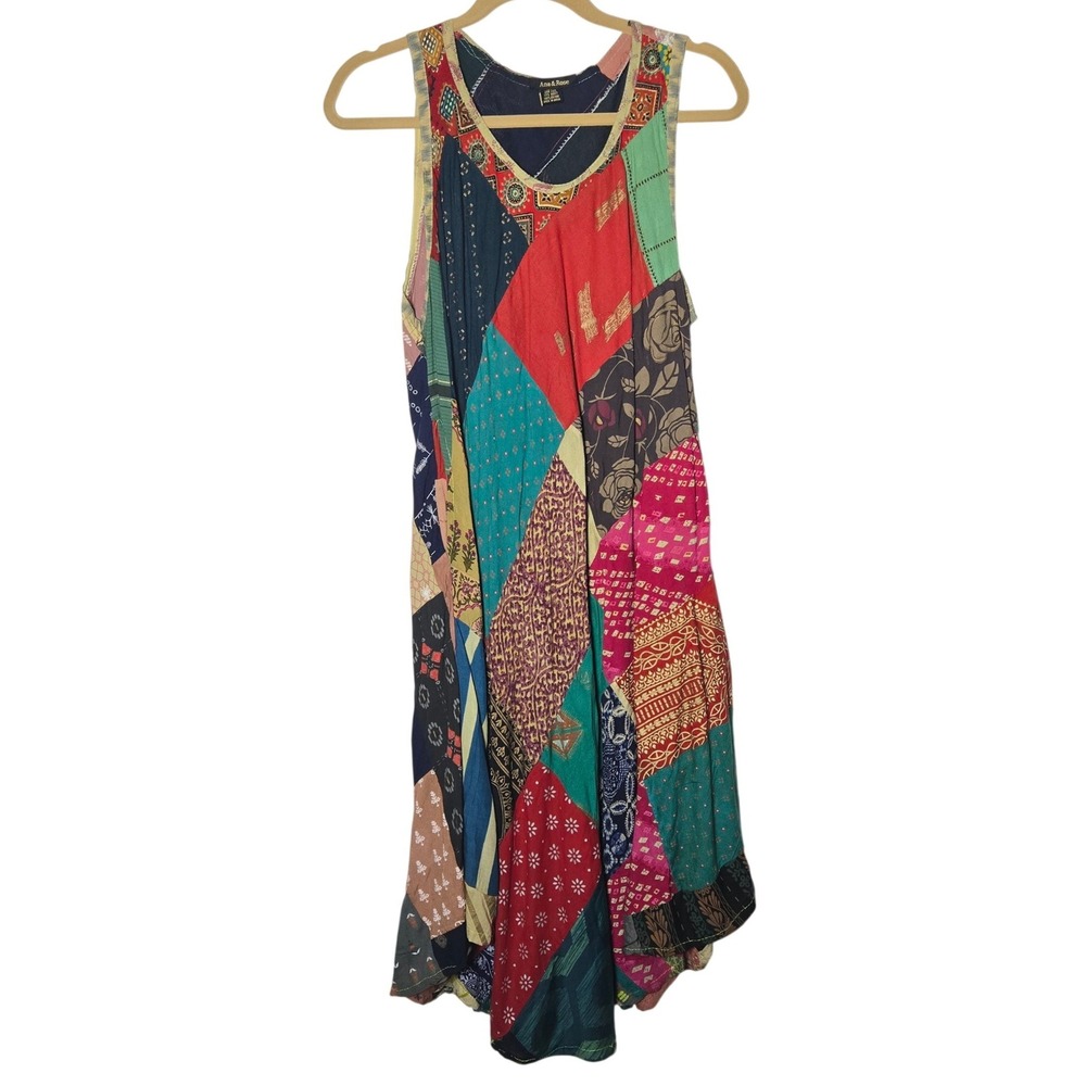 Ana & Rose Patchwork Sleeveless Midi Dress OSFM Boho Hippie Gypsy Art Summer
